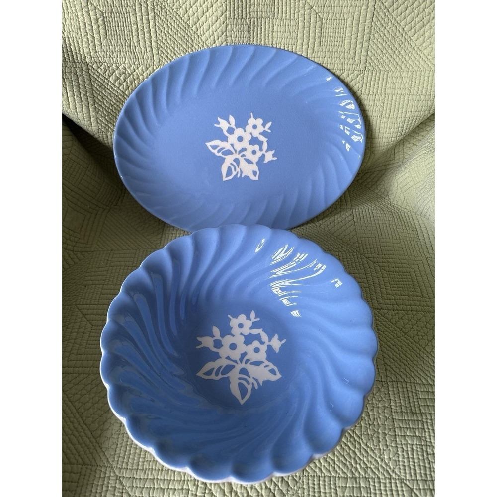 Vintage Harker Pottery Cameoware Serving Platter 12"& Serving Bowl 9" Blue/White